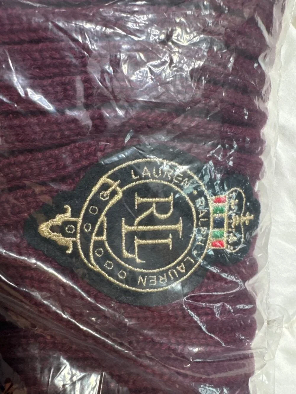 NWT Ralph Lauren Cable Knit Logo Scarf Burgundy Size One Size